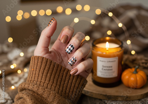 Woman with plaid autumn manicure holding hand near candle and fairy lights in cozy setting