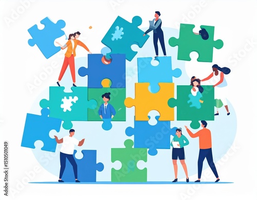 Diverse team assembling a colorful jigsaw puzzle symbolizing collaboration and problemsolving