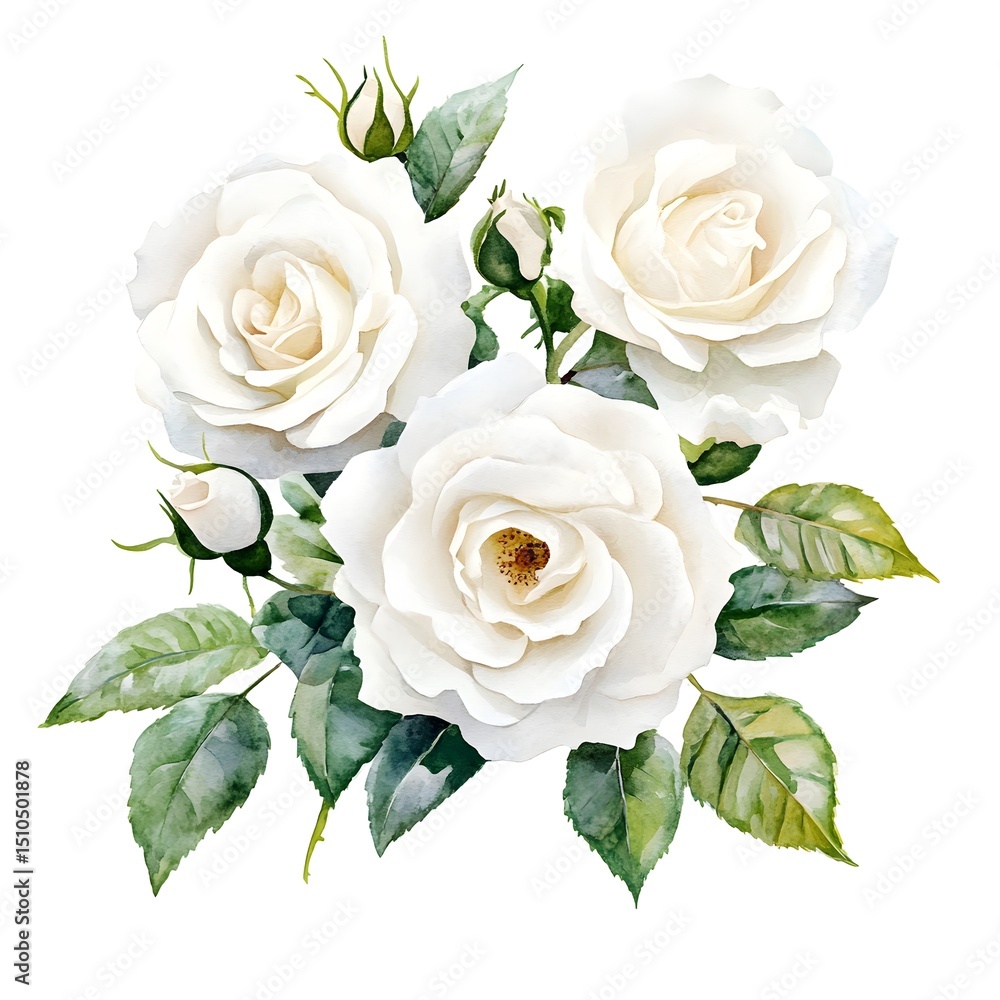 Fototapeta premium Watercolor white roses clipart, watercolor, simple, single object on a flat background, high-resolution vector art, pastel colors, 