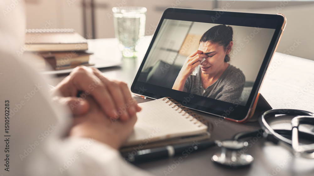 Female psychologist calms down emotional crying woman patient by video call on computer Female psychologist calms down emotional crying woman patient by video call on computer