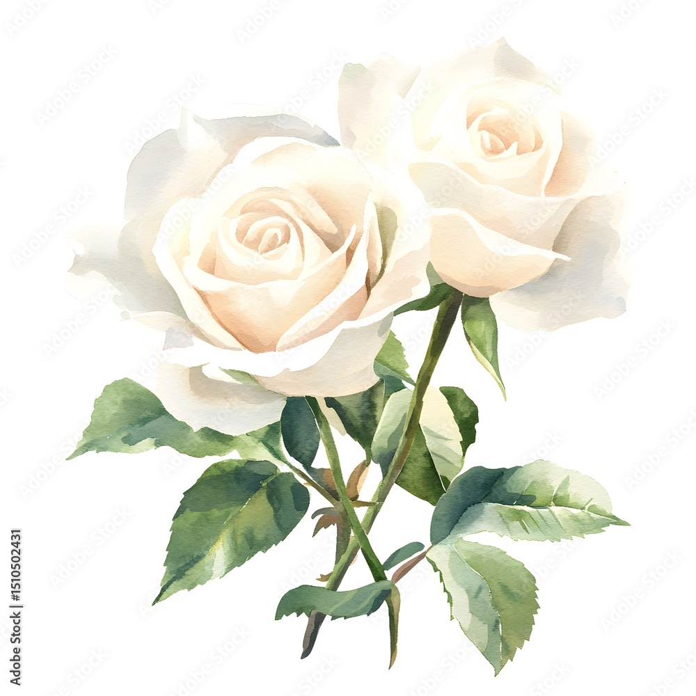 Fototapeta premium Watercolor white roses clipart, watercolor, simple, single object on a flat background, high-resolution vector art, pastel colors, 