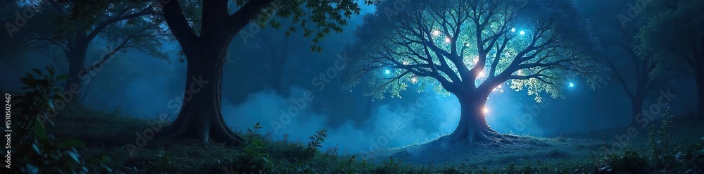 Enchanted forest scene at night, a majestic tree glows with ethereal light, illuminating the surrounding foliage Perfect for fantasy, magical, and mystical themes , fairytale, twilight, dark Enchanted forest scene at night, a majestic tree glows with ethereal light, illuminating the surrounding foliage Perfect for fantasy, magical, and mystical themes , fairytale, twilight, dark