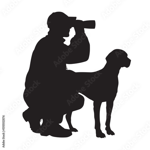 Silhouette of man with binoculars and dog vector illustration art