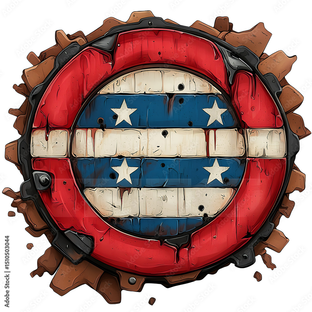Naklejka premium Distressed Red White Blue Wooden Circular Shield with Stars isolated PNG transparent background