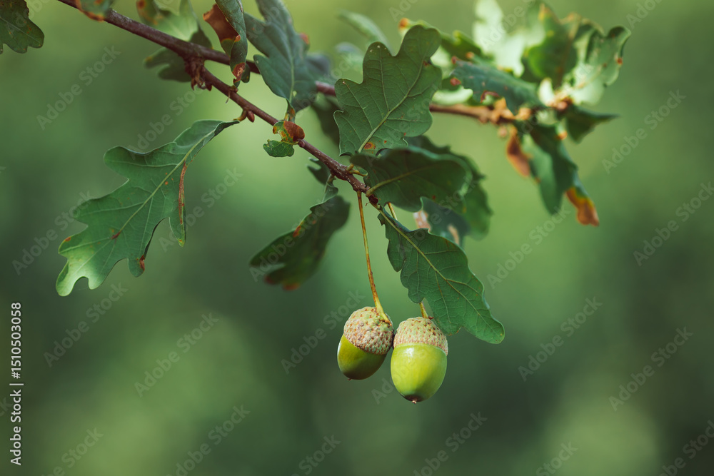 Fototapeta premium Two Green Acorns Hanging On Oak Tree Branch With Blurred Forest Background