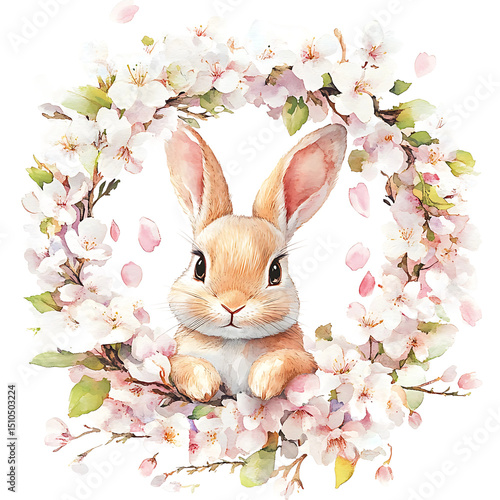 Cute Rabbit Surrounded by a Delicate White Flower Wreath Spring Season