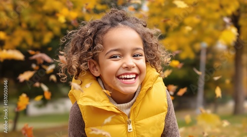 A joyful child smiling amidst falling autumn leaves in a vibrant yellow jacket.