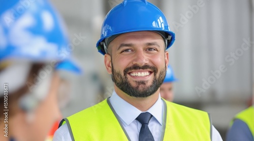 A smiling construction worker in a safety helmet and vest at a job site.