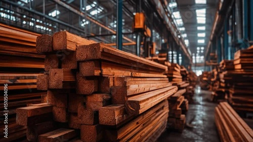 Stacks of Wooden Beams in a Warehouse with Industrial Atmosphere and Natural Light from Skylights
