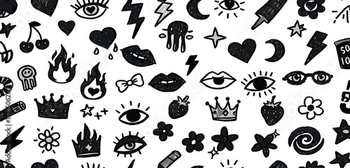 Punk girl doodle grafitti. Bow girly tattoo. Cute crayon heart, cherry, bow