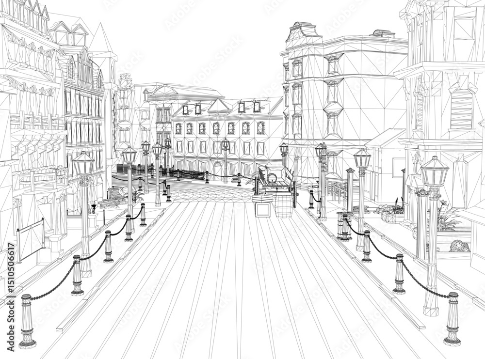 Obraz premium A street scene with a sidewalk and a row of street lamps. The street is empty and the buildings are tall