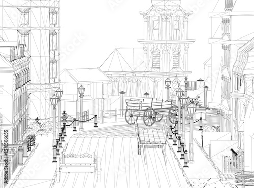 A drawing of a city street with a bench and a few trees. The street is empty and the buildings are tall