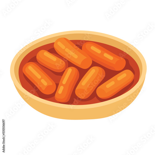 Korean street food with rice cakes in spicy sauce, tasty cartoon vector for snack design.