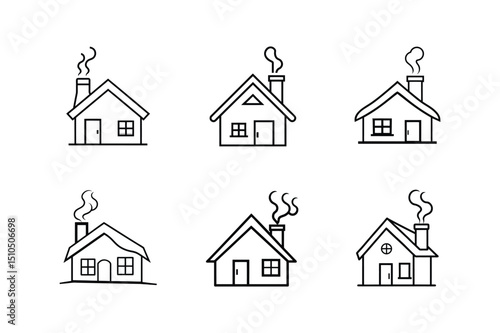 home with chimney smoke icon line art vector illustration