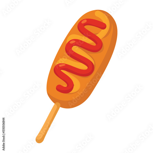 Crispy Korean street corn dog with ketchup and mustard, tasty cartoon vector snack illustration