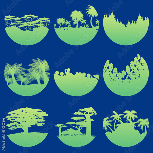 Set of minimalist landscapes. Set of minimalist silhouettes of pines, palms and other trees.