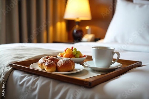 A pristine hotel room service tray laden with fresh pastries, fruit, and a steaming beverage, ready for a delightful morning meal Enjoy the luxurious hotel experience , tea, fruit, delicious