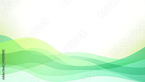 A clean and modern abstract background with layered wave shapes in emerald green, lime green, and mint green flowing across the top and bottom corners. 