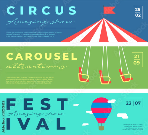 Colorful amusement park banner with carnival rides, circus tent, Ferris wheel, and balloons. Funfair silhouette background. Flat vector for flyer, festival poster or kids party invitation.