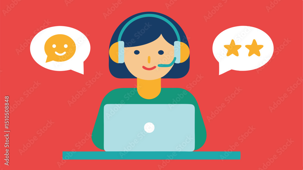 Happy customer service agent working on laptop with positive feedback Happy customer service agent working on laptop with positive feedback