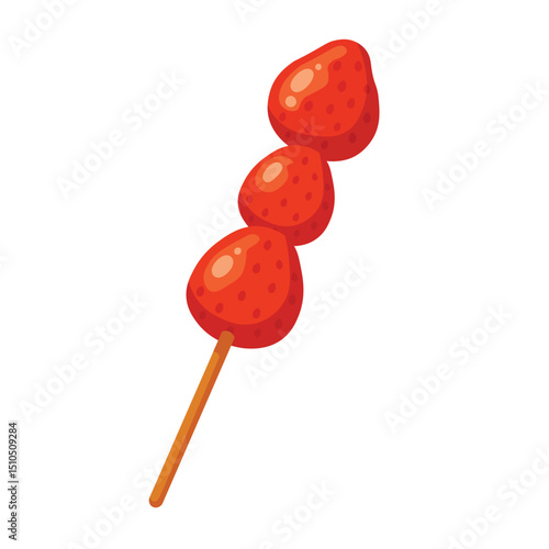 Asian street food with glazed strawberries on stick, sweet cartoon vector illustration.