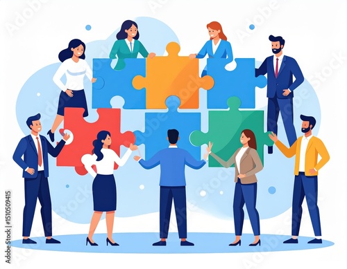 Diverse team collaborating to complete a colorful jigsaw puzzle symbolizing teamwork and problemsolving