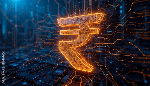 Rupee shaped from digital circuit lines, representing fintech, innovation, and the technological rise of Indian finance