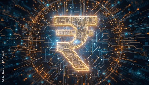 Rupee shaped from digital circuit lines, representing fintech, innovation, and the technological rise of Indian finance







