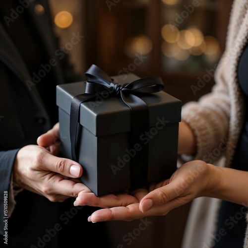  Hands exchanging elegant black gift box with satin ribbon in warm festive atmosphere