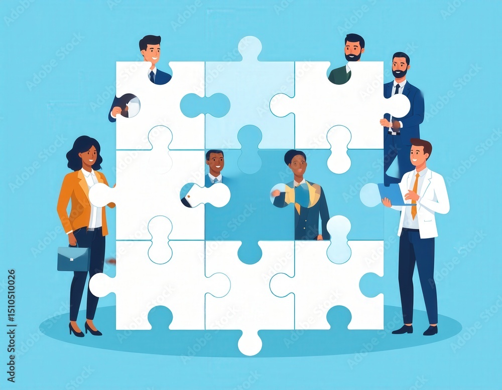Diverse team completing a jigsaw puzzle symbolizing collaboration and problemsolving Diverse team completing a jigsaw puzzle symbolizing collaboration and problemsolving