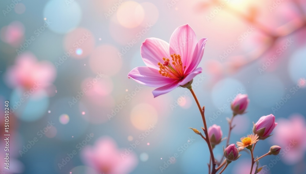 Fototapeta premium create a beautiful seamless background featuring a delicate flower in a soft glow style, the flower should be positioned at the top of the image with ample copy space at the bottom