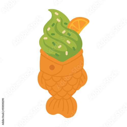 Taiyaki fish cone with green matcha ice cream, sprinkles and orange slice, cartoon vector.