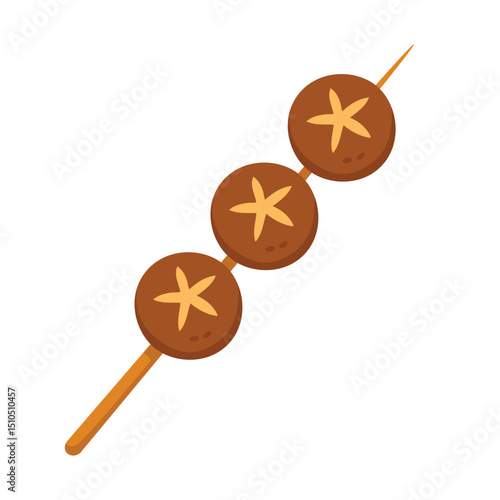 Asian street food with grilled shiitake mushrooms on stick, cartoon vector snack illustration.