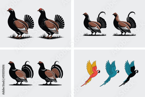 A fun set of cute cartoon vector birds and funny farm animals like chickens, hens, ducks, and roosters