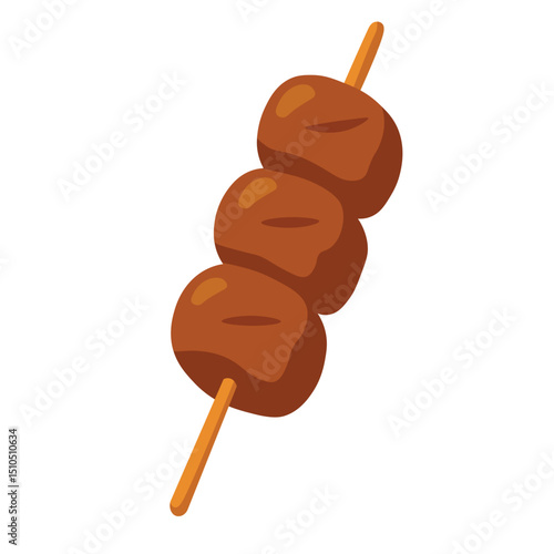 Japanese street snack with grilled rice dumplings in sweet soy glaze, cartoon vector illustration.