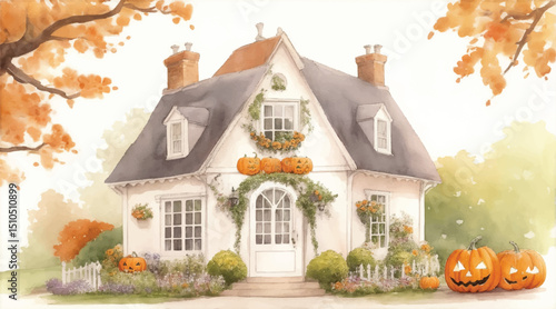 Watercolor painting of English style house or cottage decorate with pumpkins for Halloween day