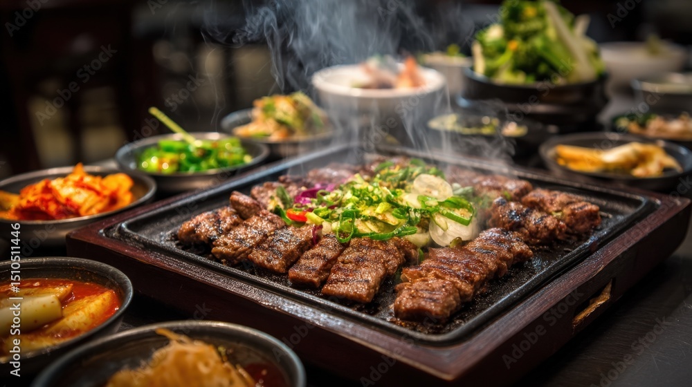 Delicious Korean BBQ Bulgogi Sizzling on Grill with Steaming Sides Delicious Korean BBQ Bulgogi Sizzling on Grill with Steaming Sides
