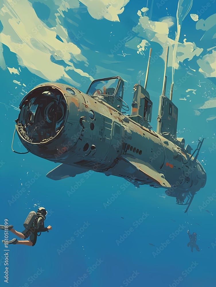 Naklejka premium A small reconnaissance mini-submarine is partially submerged in the calm, blue ocean, with a scuba diver holding onto a rope next to it, providing a sense of scale.