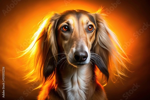 Studio Portrait Saluki Mix Dog, Fluffy Ears, Orange Background, Night Photography