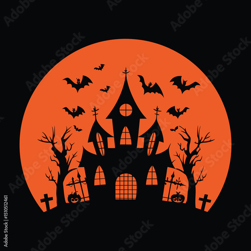 Spooky Halloween Castle Silhouette Against Orange Moon