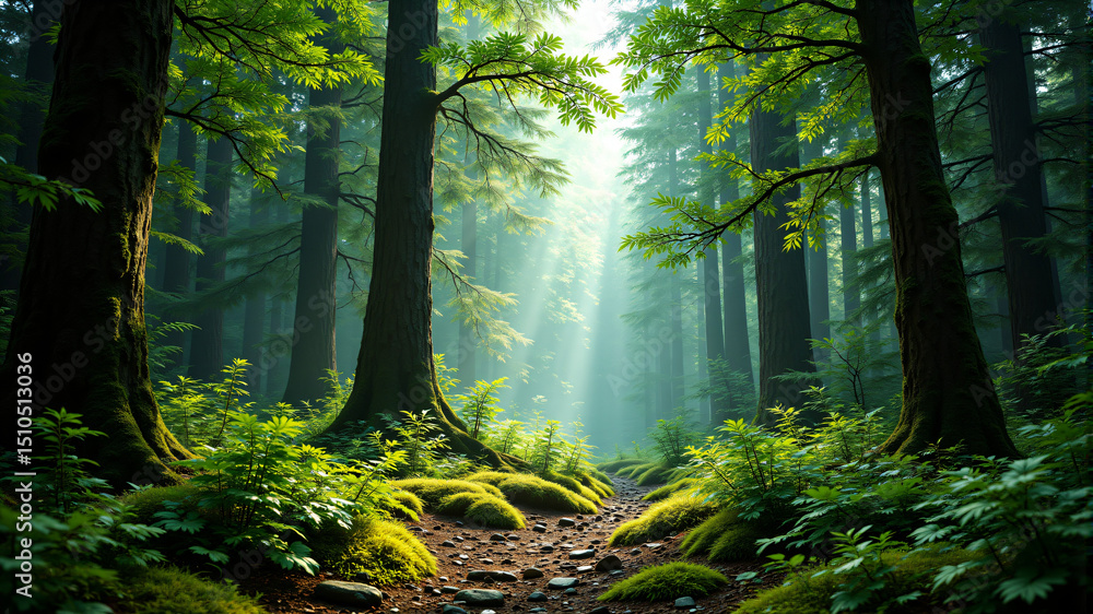 Obraz premium Serene Forest Scene with Sunlight Filtering Through Trees