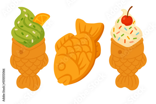 Cartoon set of Japanese taiyaki desserts, including plain fish pastry and soft serve ice cream.