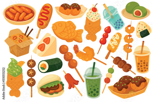 Bright cartoon set of Asian street food including snacks, sweets, drinks, rolls and skewers.
