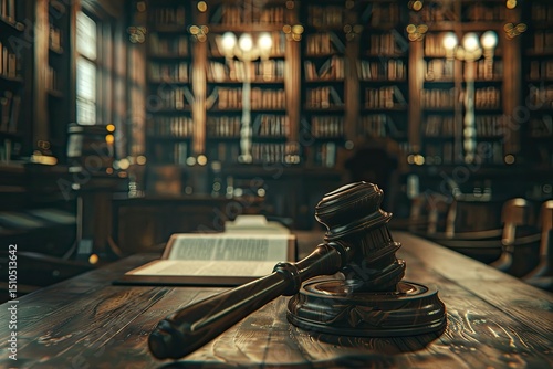 Flawless Picture of Vintage Gavel on Wooden Table in Dim Lit Law Library