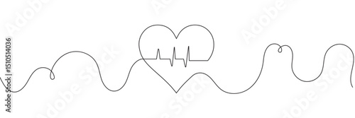 Continuous line drawing of heart with heartbeat. Pulse trace. Cardiogram icon. One line drawing. Single line art. Vector illustration.