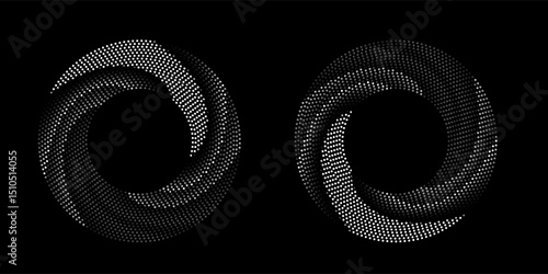 Halftone circular dotted frames set. Circle dots texture isolated on white background. Spotted spray texture. Vector abstract design element spiral circle sound wave vector logo modern black and white