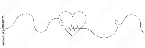 Continuous line drawing of heart with heartbeat. Pulse trace. Cardiogram icon. One line drawing. Single line art. Vector illustration.