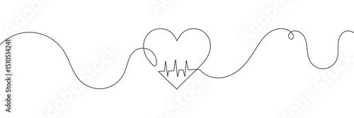 Continuous line drawing of heart with heartbeat. Pulse trace. Cardiogram icon. One line drawing. Single line art. Vector illustration.