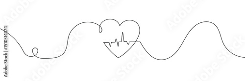  Continuous line drawing of heart with heartbeat. Pulse trace. Cardiogram icon. One line drawing. Single line art. Vector illustration.