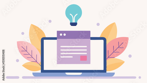 Laptop with idea bulb and leaves digital content creation